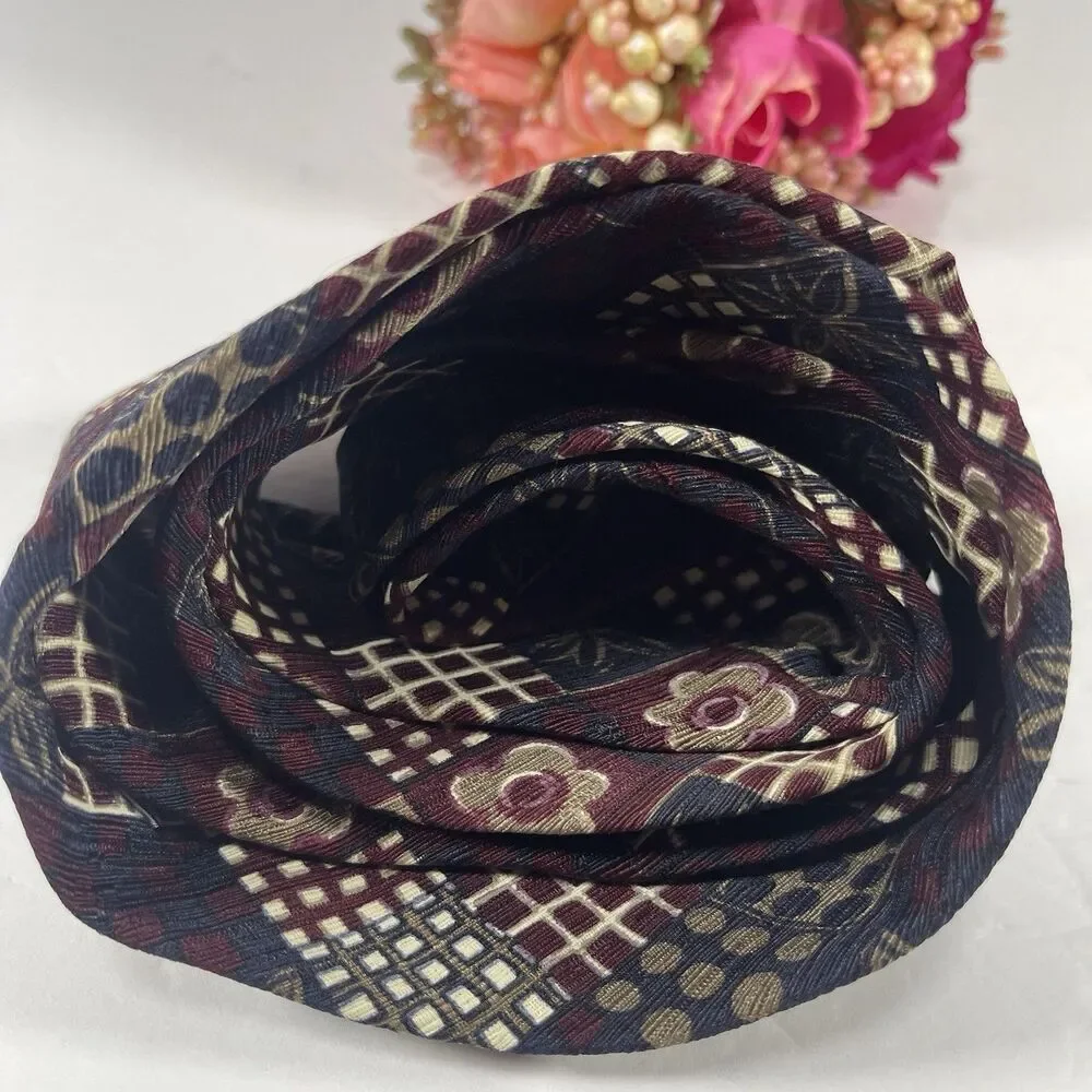 Geoffrey Beene Silk Necktie Vintage Floral Geometric Patchwork Navy Burgundy USA